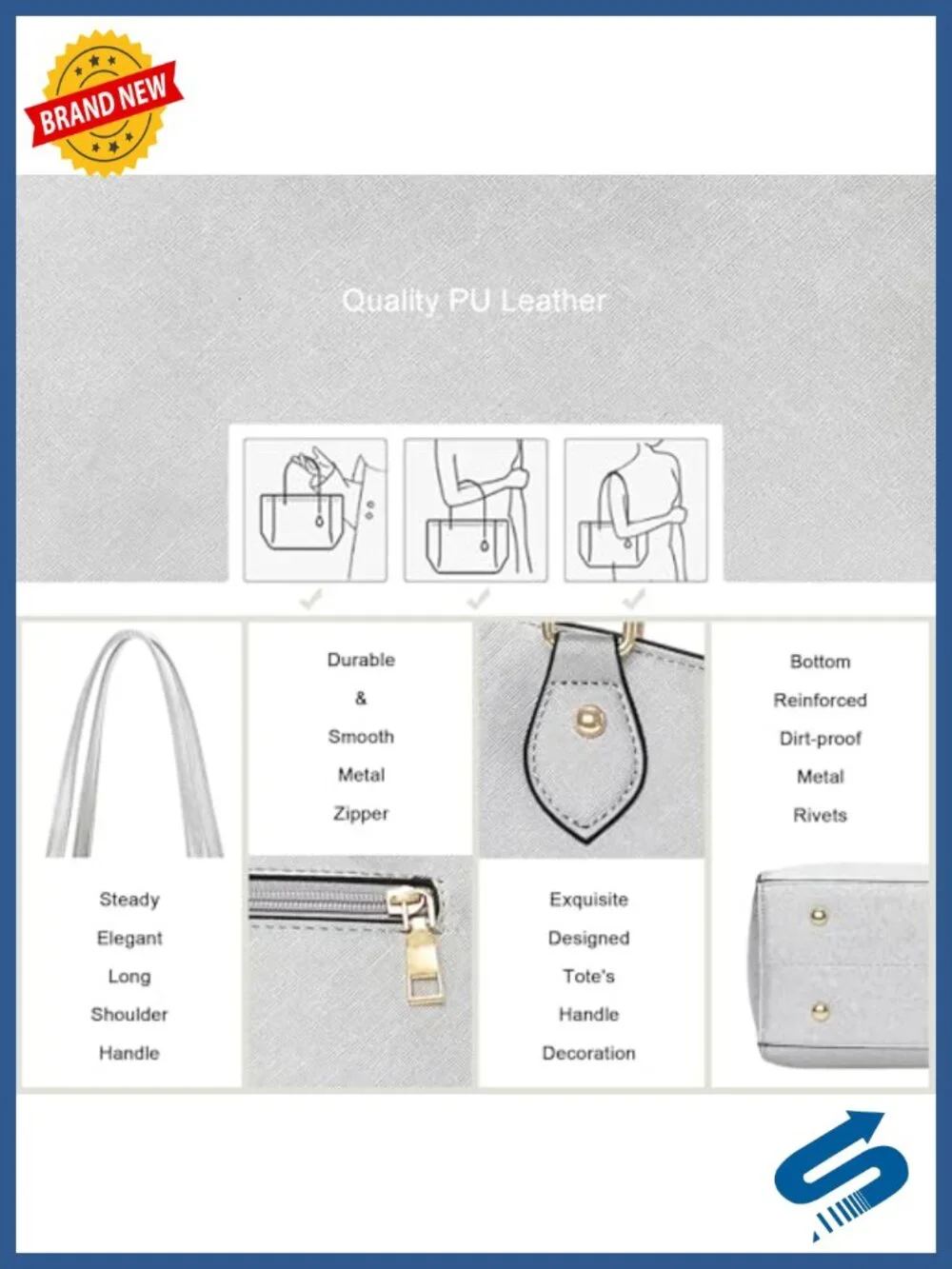 PU Leather Large Tote Bag, Shoulder Handbag with Gold Tone Hardware,